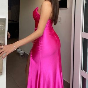 Hot Pink Satin Maxi Gown Dress.